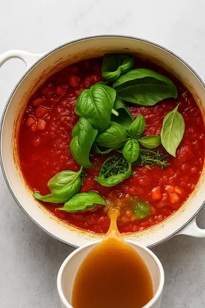Tomato sauce with basil and broth in white Dutch oven