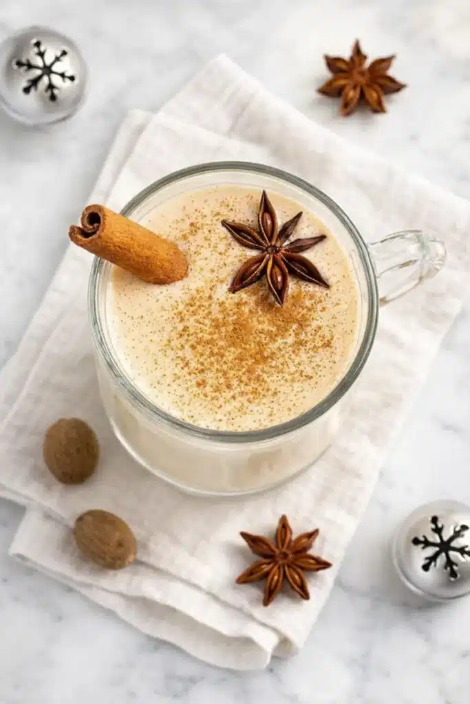 Top view of homemade eggnog with cinnamon and star anise on white marble