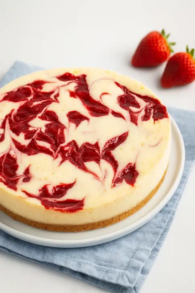 Strawberry Swirl Cheesecake | Romantic & Delicious Dessert 7 Top view of strawberry swirl cheesecake with glossy red marbled topping on a white plate