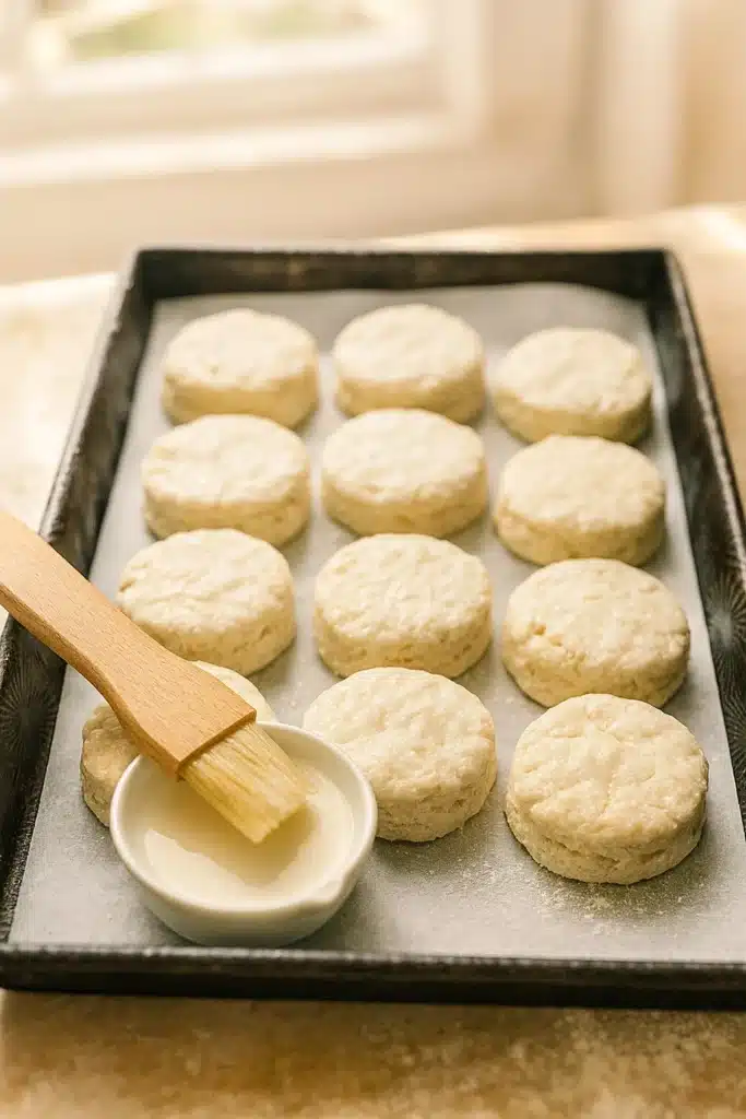 Unbaked sourdough biscuits on tray brushed with milk before baking