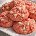 Valentine Cake Cookies Easy with white chocolate chips and red sprinkles on a white plate
