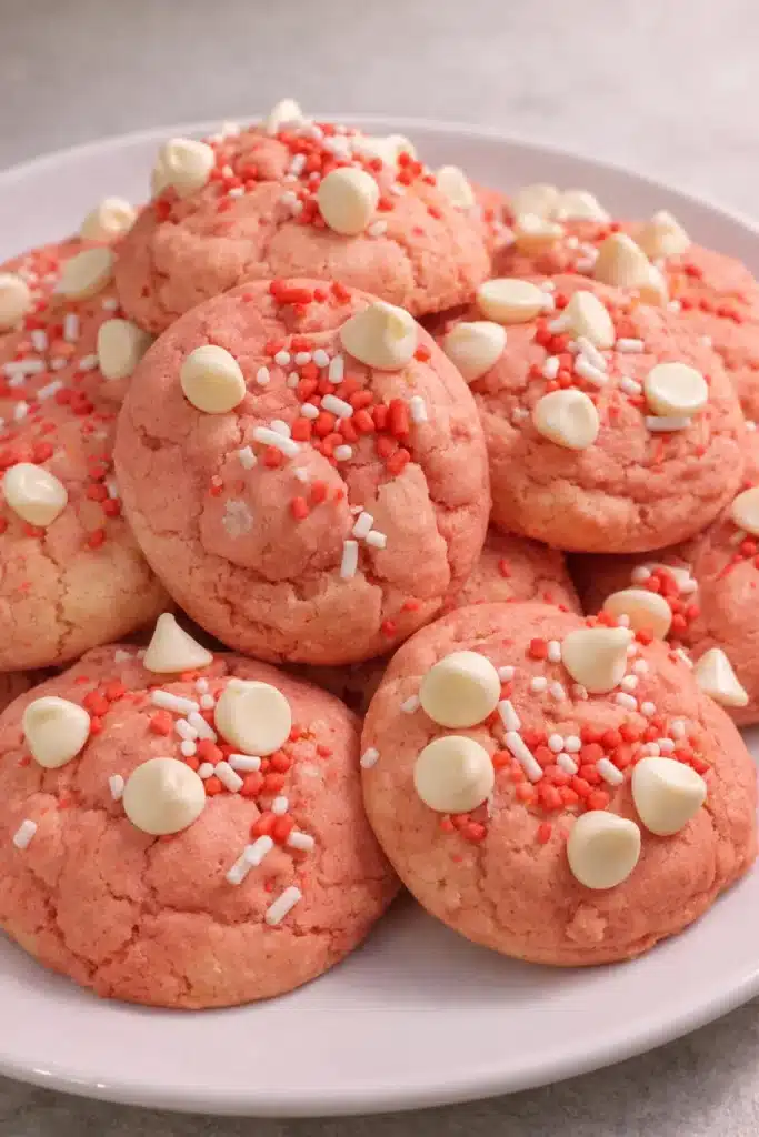 Valentine Cake Cookies Easy | Quick, Sweet, & Amazing Treats 6 Soft pink Valentine cake cookies with white chocolate chips and red sprinkles on a white plate