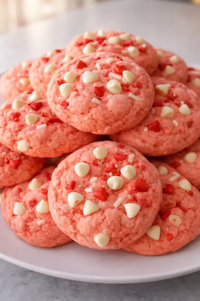 Valentine Cake Cookies Easy | Quick, Sweet, & Amazing Treats 5 Soft pink Valentine cake cookies with white chocolate chips and red sprinkles on a white plate