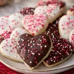 Heart-shaped Valentine cookies with chocolate dip and pink sprinkles on a plate