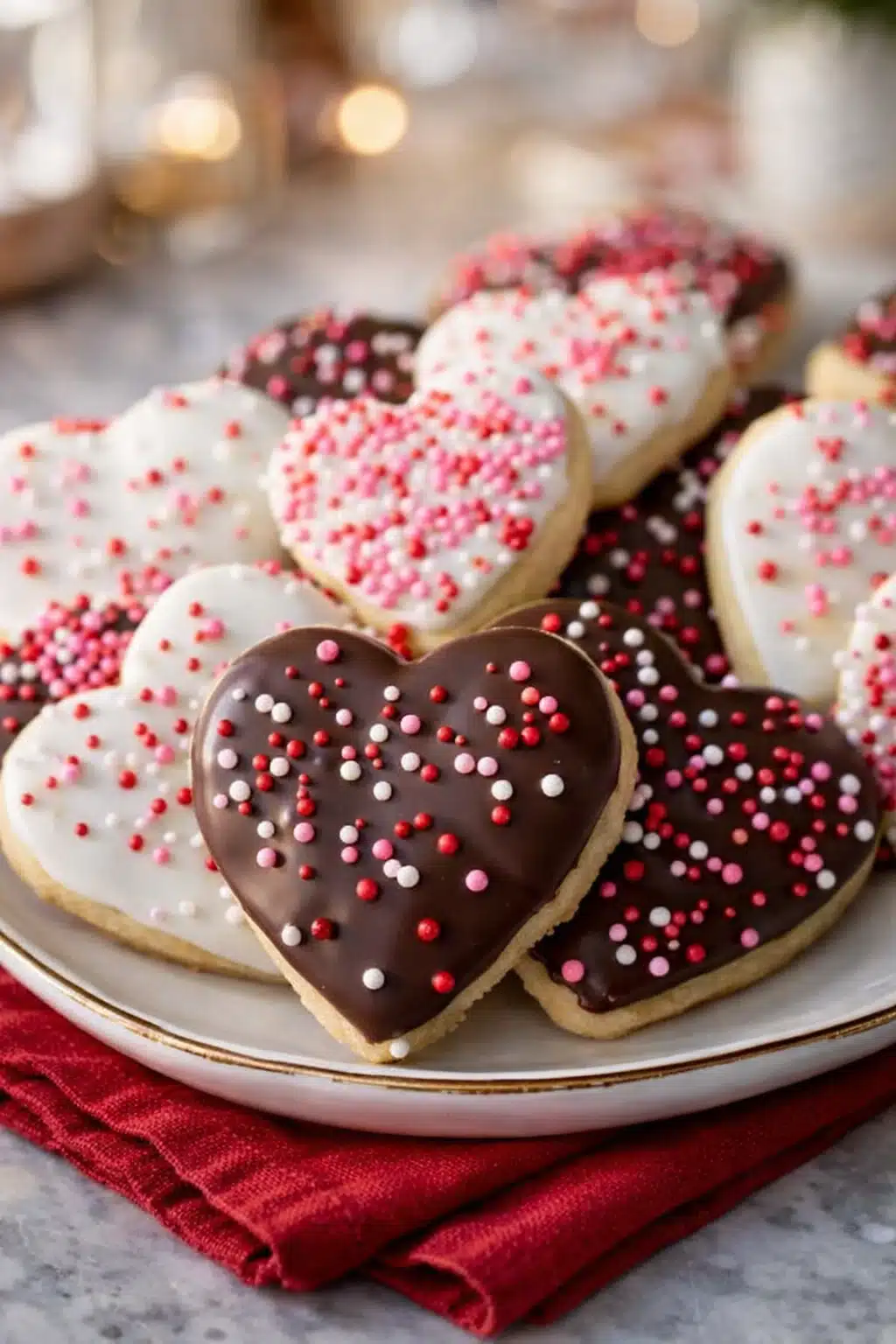 Heart-shaped Valentine cookies with chocolate dip and pink sprinkles on a plate