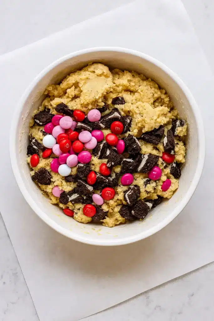 valentines day oreo mms cookies | Amazing Sweet Treat 11 Valentines Day Oreo M&M’s cookie dough with candies and Oreo pieces in a white bowl