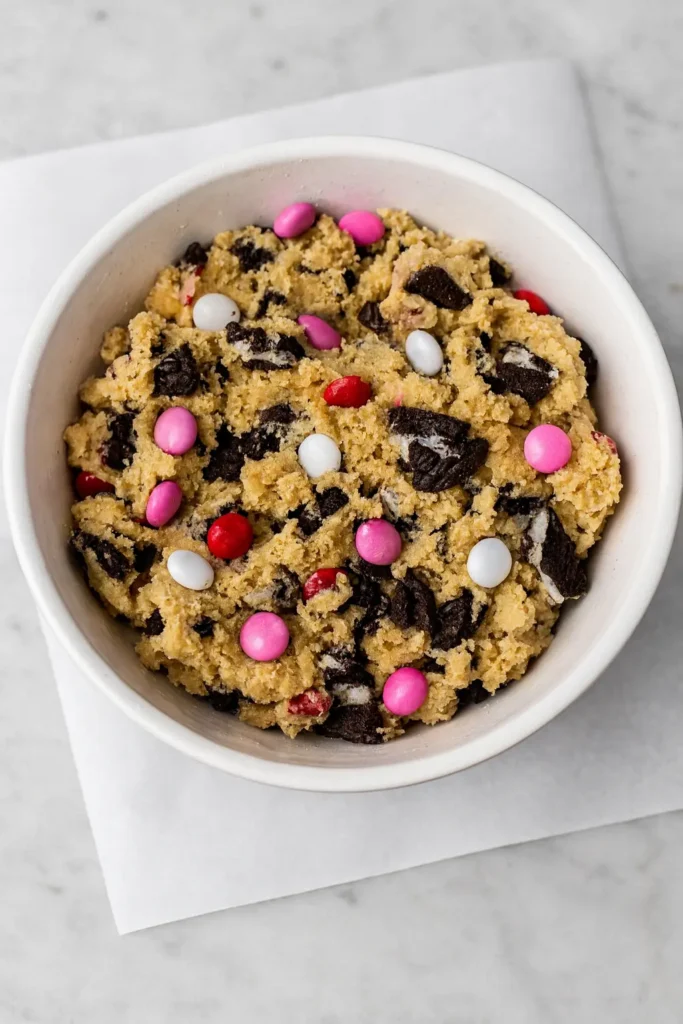 valentines day oreo mms cookies | Amazing Sweet Treat 12 Valentines Day Oreo M&M’s cookie dough in white bowl with candies and Oreo pieces