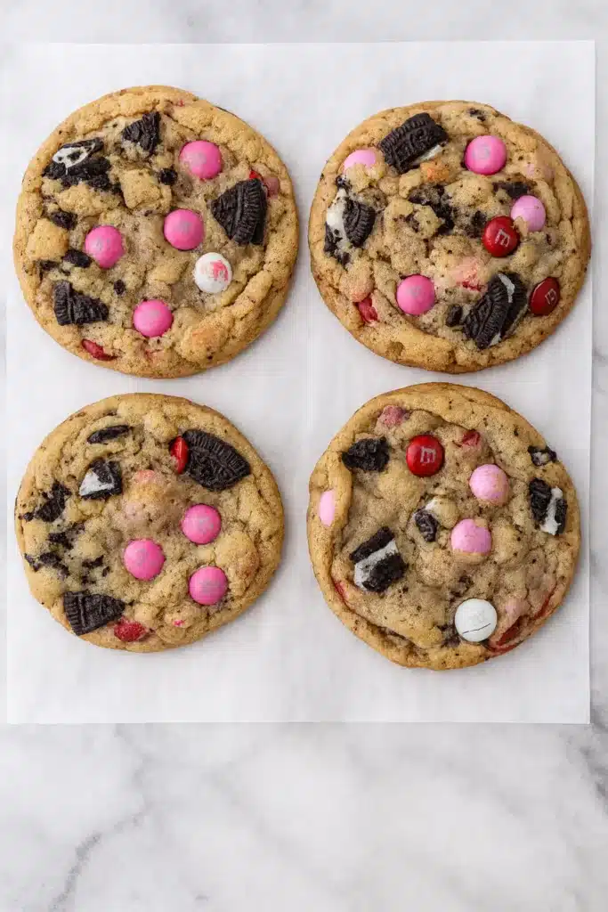 valentines day oreo mms cookies | Amazing Sweet Treat 13 Four freshly baked Valentines Day Oreo M&M’s cookies on white parchment paper