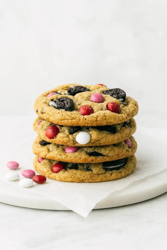 valentines day oreo mms cookies | Amazing Sweet Treat 14 Stack of four Valentines Day Oreo M&M’s cookies on white parchment paper