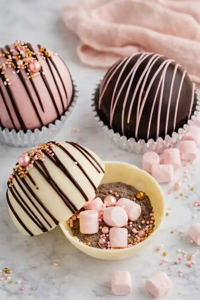 Valentine’s Hot Chocolate Bombs | Easy, Romantic & Fun 8 Valentine’s hot chocolate bombs with pink napkin and marshmallows on marble
