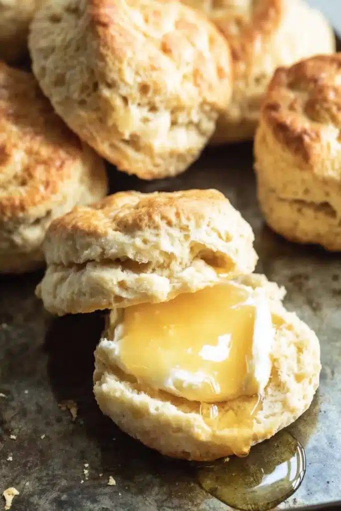 Sourdough discard biscuit with melted butter and honey