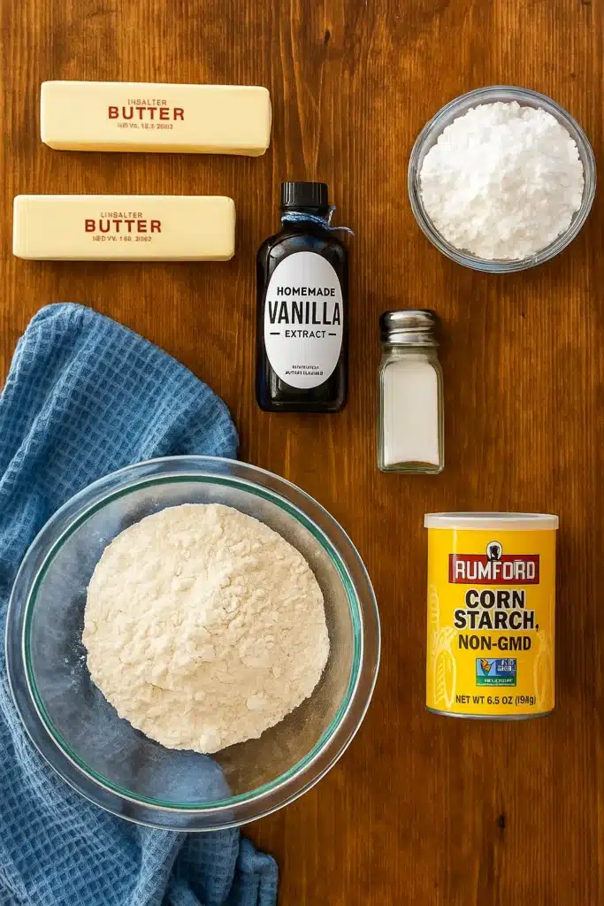 Whipped shortbread cookie ingredients on brown table with blue towel