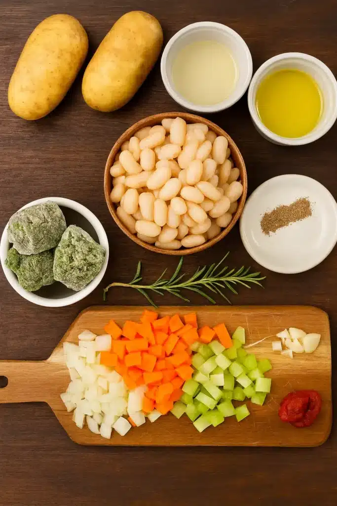 Easy White Bean Soup Recipe | Quick, Cozy & Delicious 7 White bean soup ingredients flat lay on brown wooden table