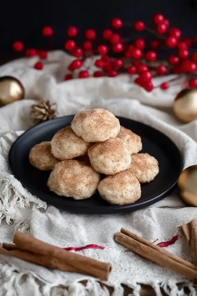Cheese Cookies Recipe | Simple & Delicious Holiday Treat 6 Stack of soft white cheese cookies with cinnamon sugar on white linen