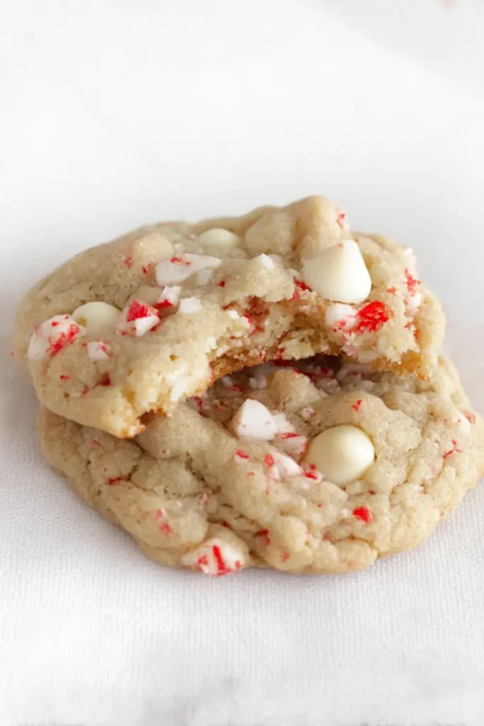Chewy white chocolate peppermint cookie with bite on white surface