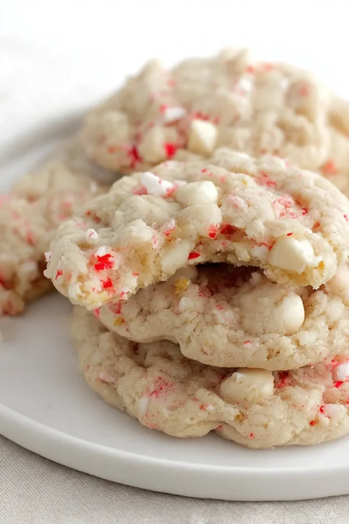 Soft white chocolate peppermint cookies on a white plate