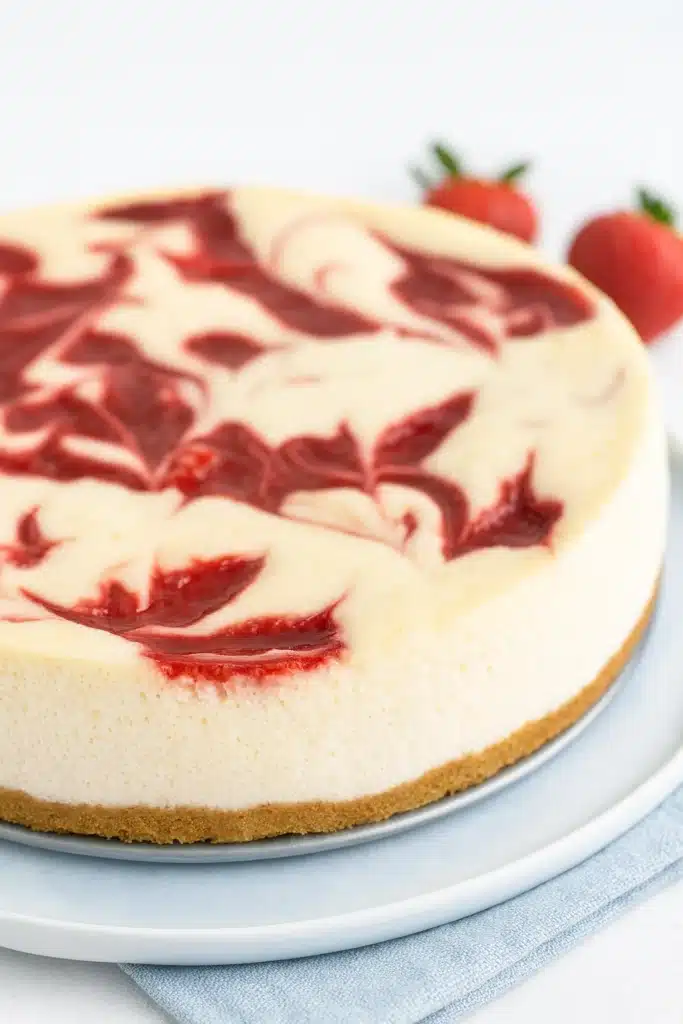 Strawberry Swirl Cheesecake | Romantic & Delicious Dessert 8 Whole strawberry swirl cheesecake on white plate with glossy strawberry topping
