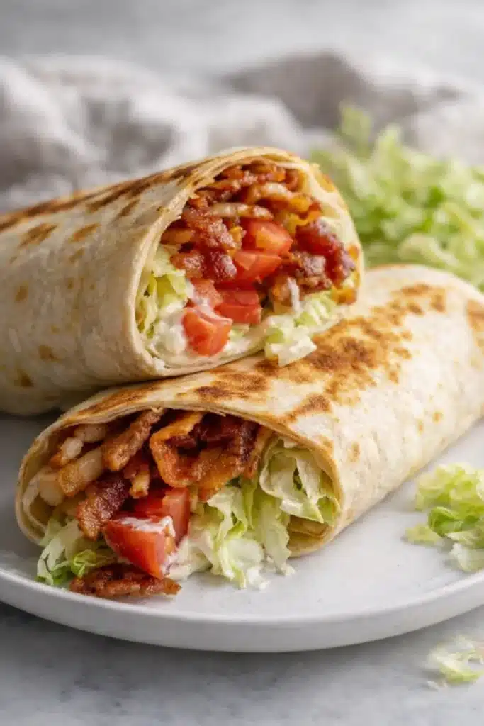 Gourmet BLT Wraps with Secret Sauce | Quick & Delicious Lunch 5 Gourmet BLT Wraps with Secret Sauce sliced on white plate with crispy bacon and lettuce