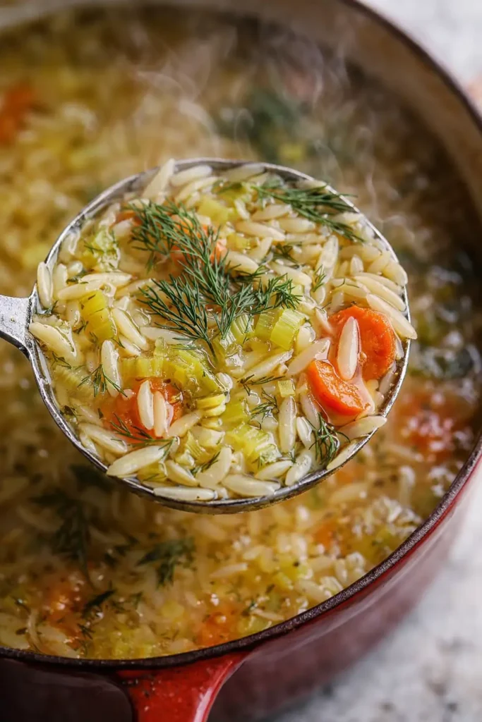 Ladle lifting easy orzo leek and dill soup with carrots and herbs