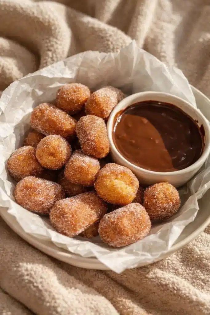 Air Fryer Churro Bites | Quick, Easy & Delicious Dessert 5 Air fryer churro bites with cinnamon sugar and chocolate dip