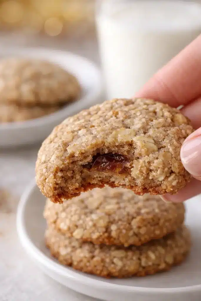 Easy Almond Flour Date Cookies | Simple & Amazing Treat 6 Hand holding almond flour date cookie with chewy date center