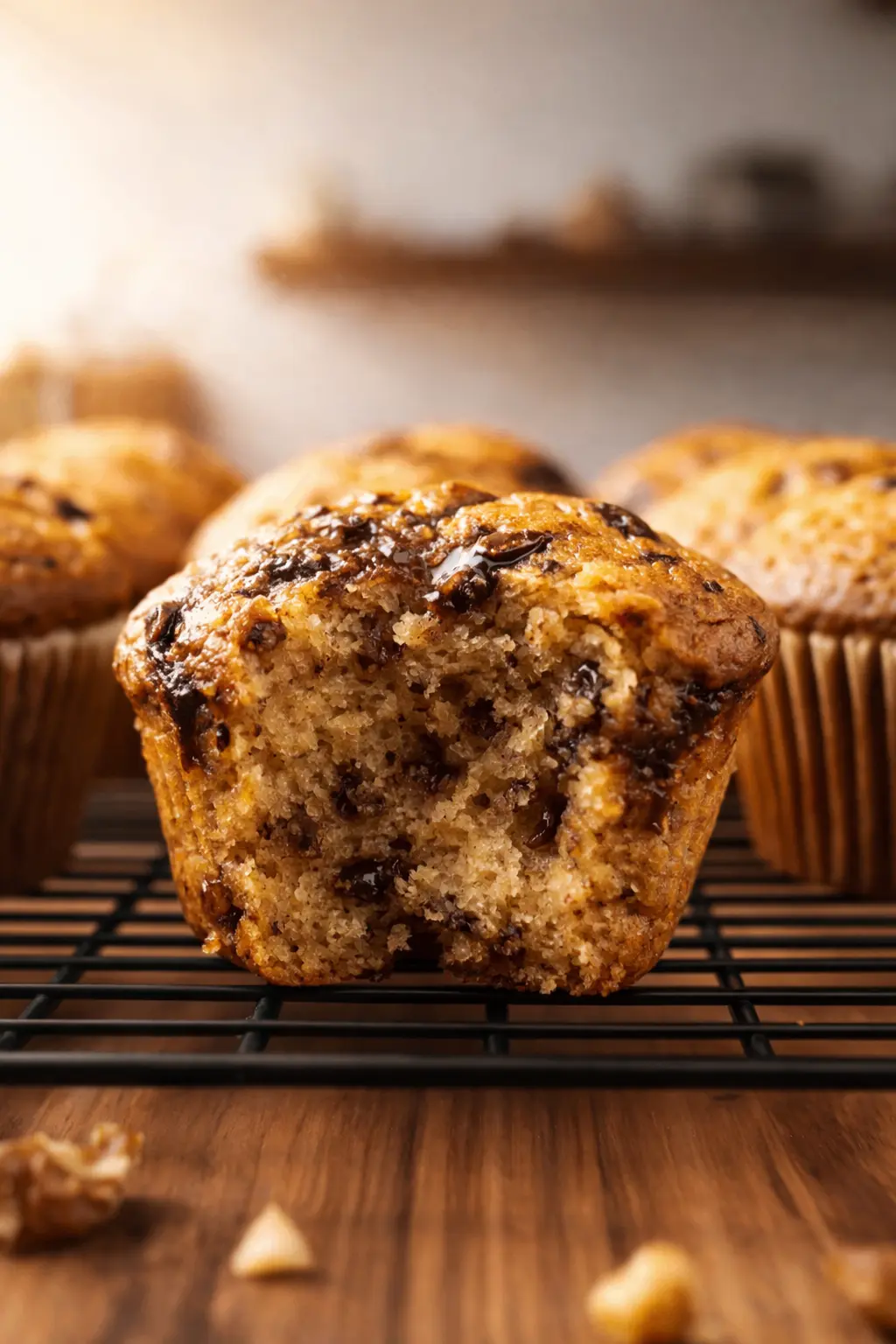 Moist banana bread muffin with chocolate chips on cooling rack