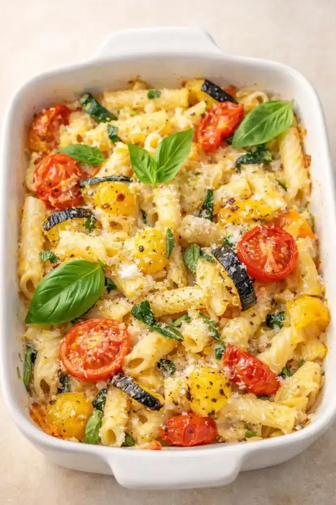 Baked feta pasta with roasted vegetables and basil in a white dish