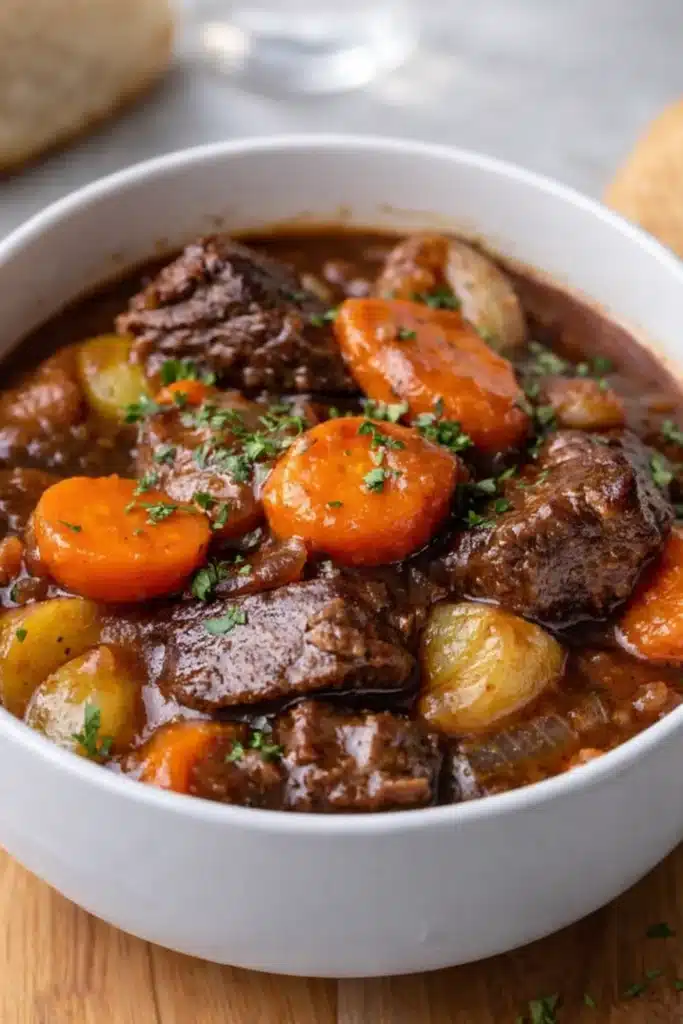 Rich beef stew in red wine sauce with carrots and potatoes in a white bowl