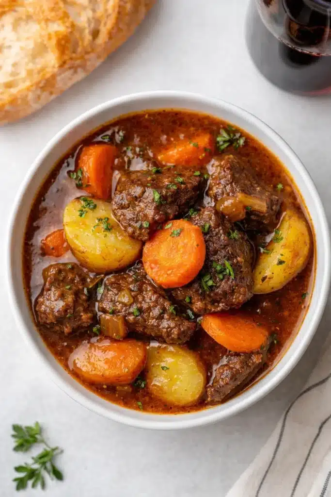 Beef stew in red wine sauce served in a white bowl on a white-gray table