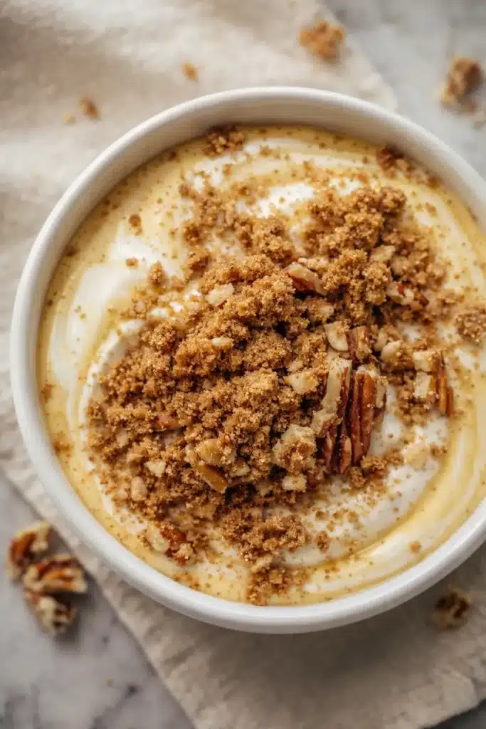 Best Pumpkin Pie Greek Yogurt | Simple Creamy Dessert 5 Creamy pumpkin pie Greek yogurt topped with brown sugar and pecans