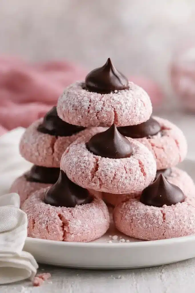 Stacked pink cherry cookies with chocolate kisses on white plate