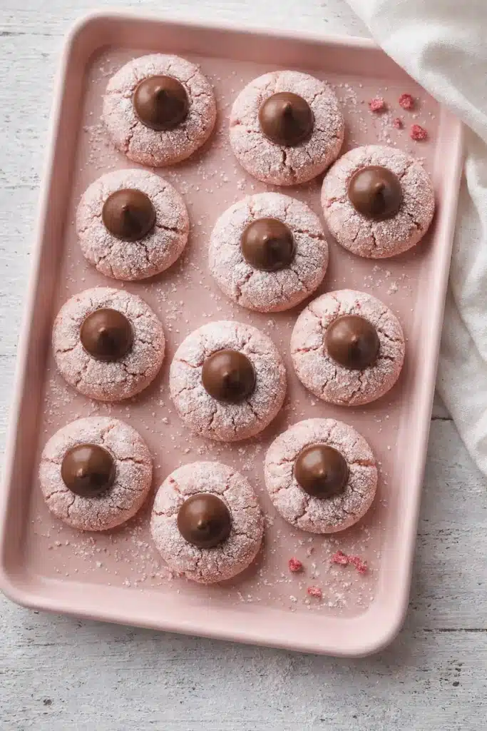 Top-down view of pink cherry cookies with chocolate kisses on pink tray