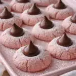 Pink cherry cookies with chocolate kisses and powdered sugar on a pastel tray