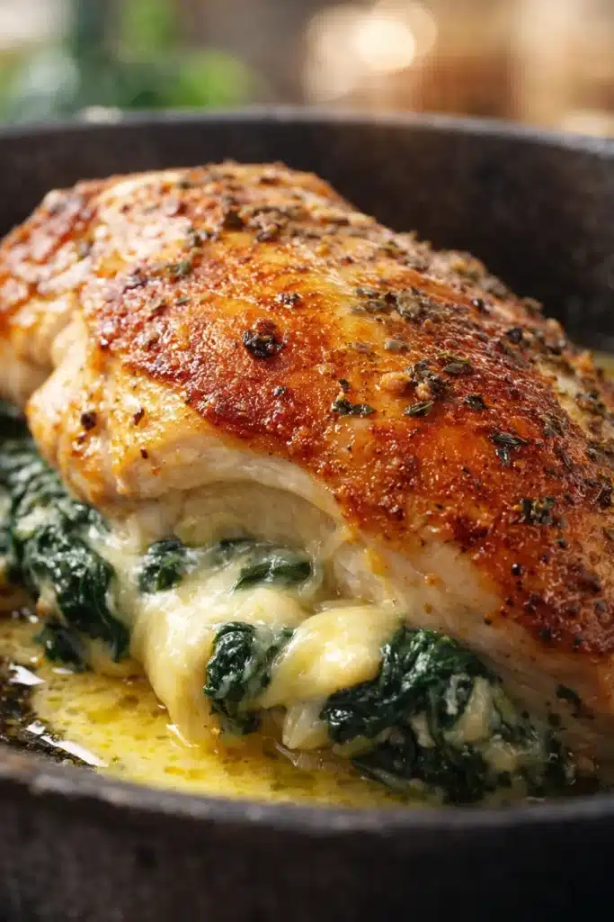 Golden crispy Boursin stuffed chicken breast with creamy spinach and cheese
