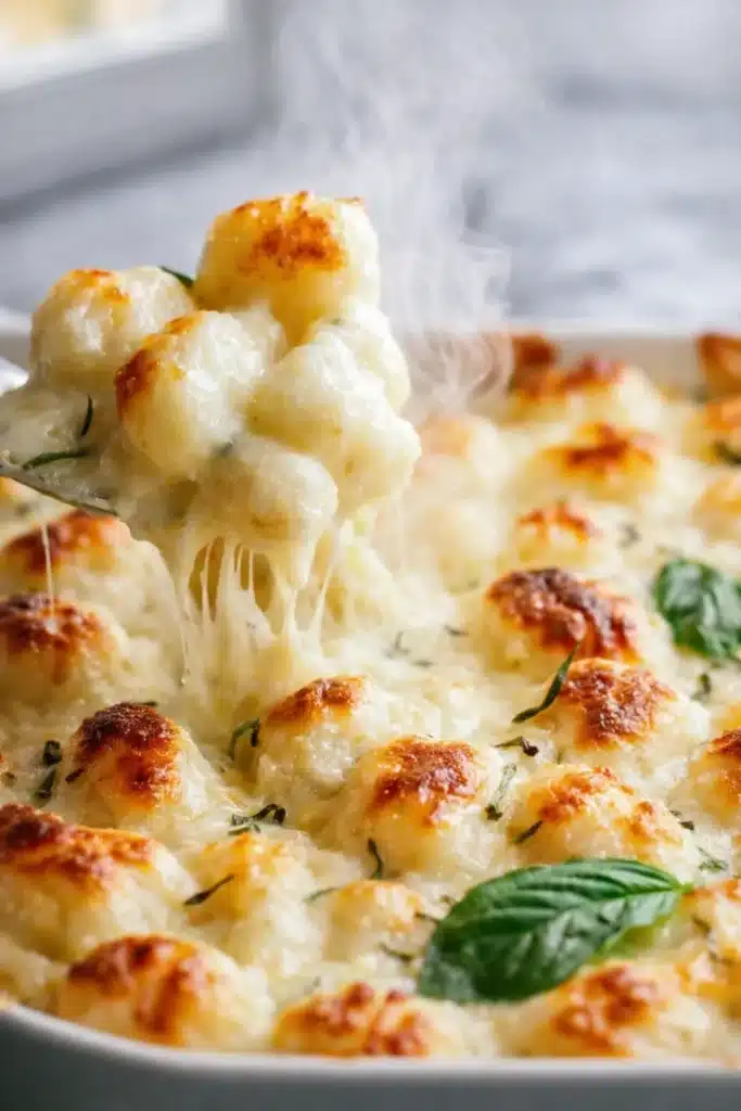 Spoon lifting baked gnocchi mac and cheese with melted cheese and steam