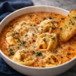 Cheesy tomato tortellini soup with garlic bread in a bowl