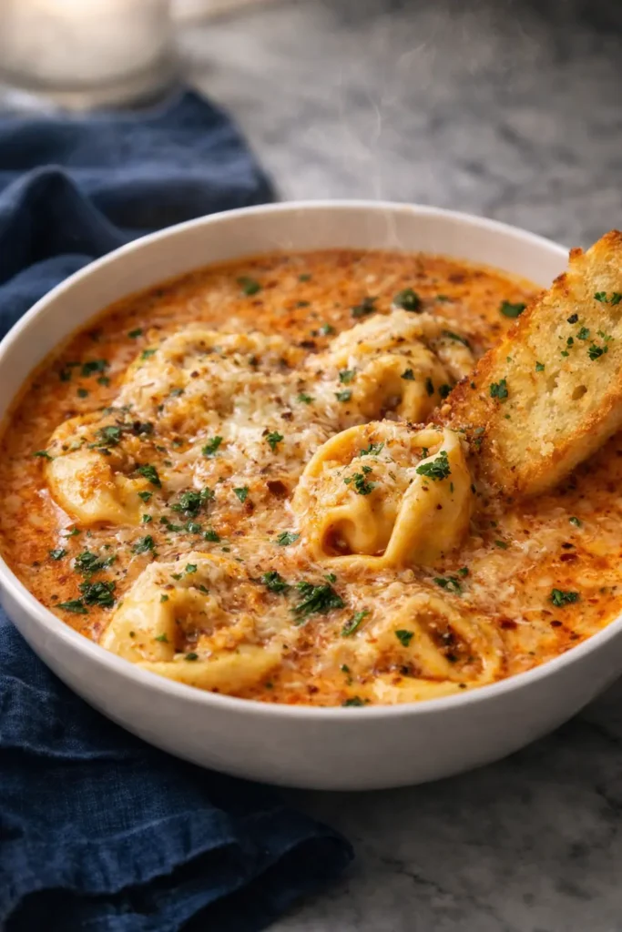 Cheesy tomato tortellini soup with garlic bread in a bowl