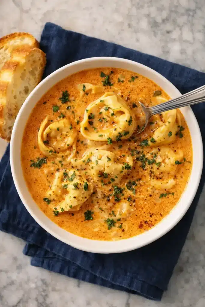 Cheesy Tomato Tortellini Soup | Creamy Comfort Dinner 6 Cheesy tomato tortellini soup served with bread on a dark blue napkin