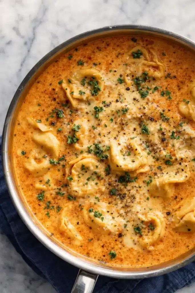 Cheesy Tomato Tortellini Soup | Creamy Comfort Dinner 5 Creamy cheesy tomato tortellini soup simmering in a pot