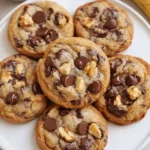 Chewy banana bread chocolate chip cookies on a plate with banana and chocolate chips