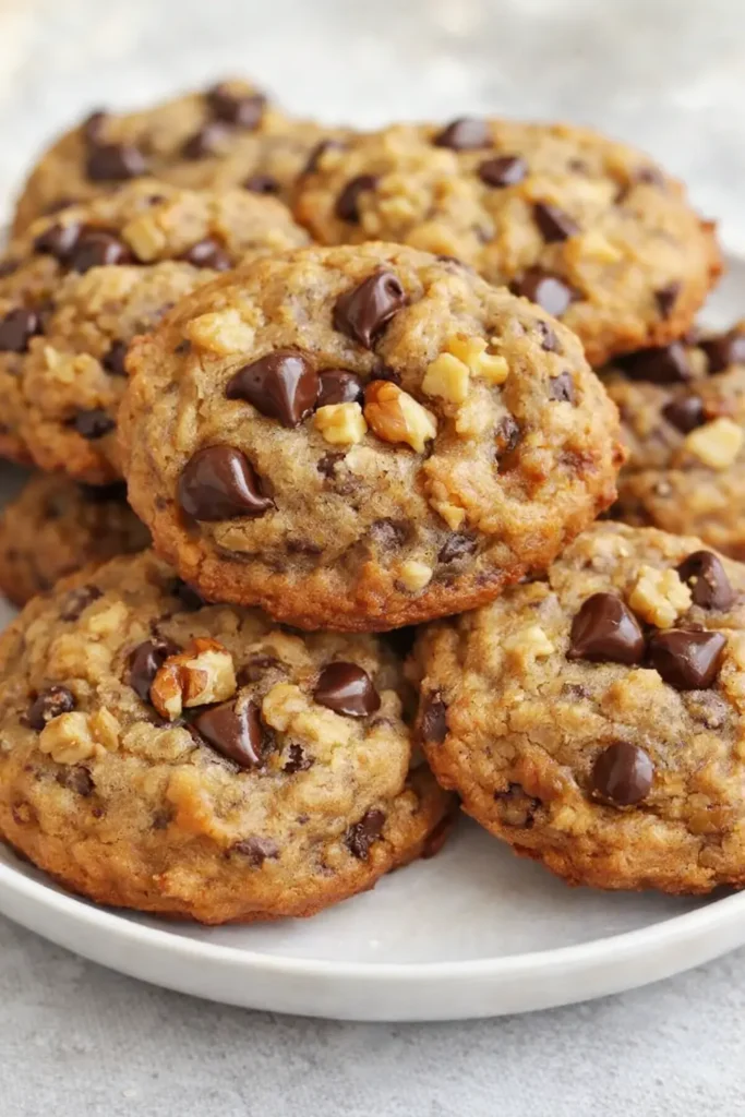 Chewy Banana Bread Chocolate Chip Cookies – Amazing Treat 5 Chewy banana bread chocolate chip cookies on a white plate with walnuts