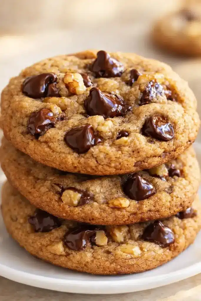 Chewy Banana Bread Chocolate Chip Cookies – Amazing Treat 6 Stack of chewy banana bread chocolate chip cookies on a white plate