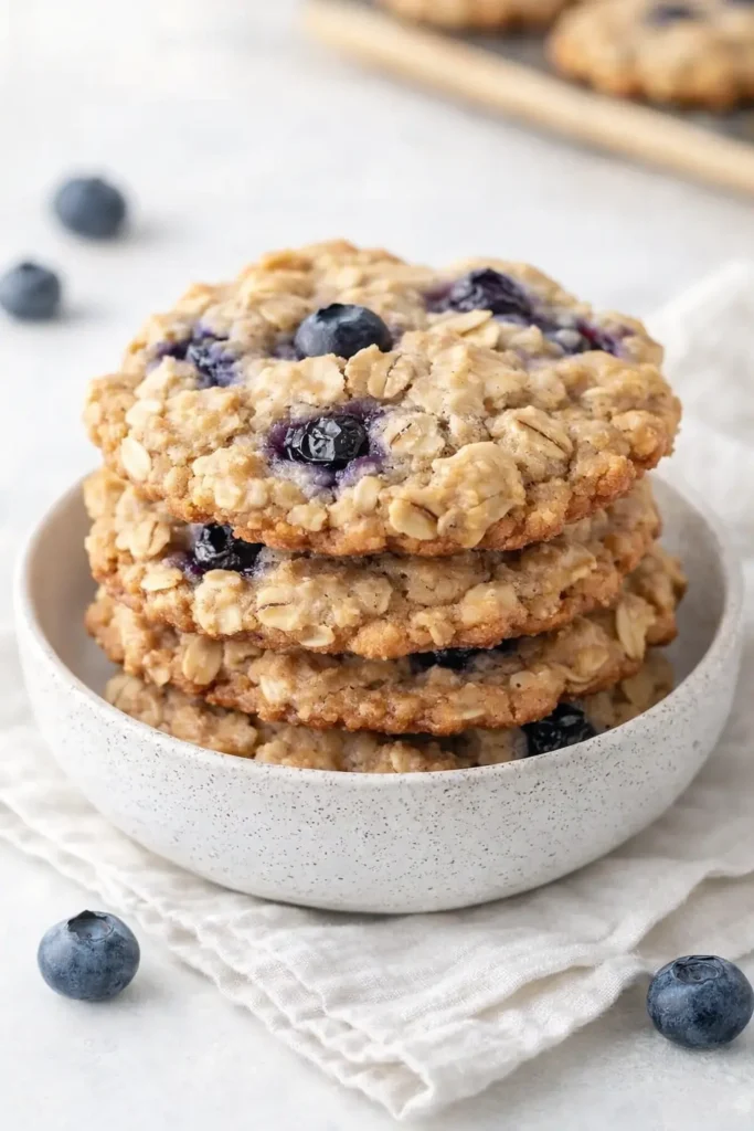 Stack of chewy blueberry oatmeal cookies