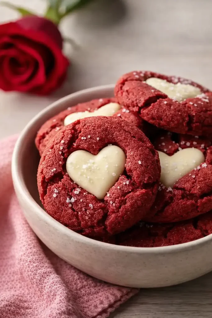 Chewy Valentines Day red velvet cookies with white chocolate hearts in a bowl