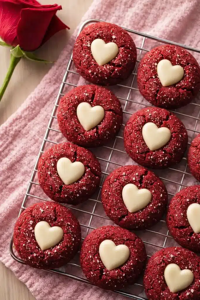 Chewy Valentines Day red velvet cookies with white chocolate hearts on a rack