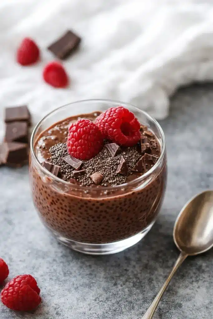 Chocolate chia pudding topped with raspberries, chia seeds, and chocolate chunks