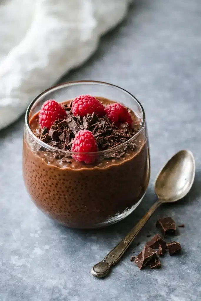 Chocolate chia pudding in a glass with raspberries and chocolate shavings