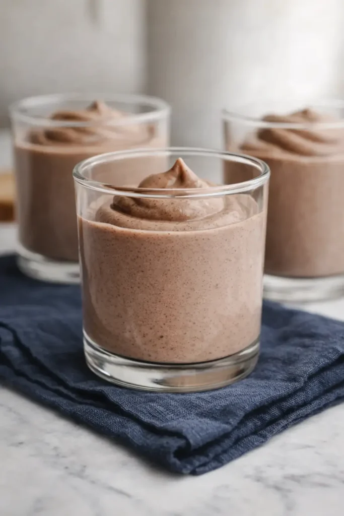 Creamy chocolate chia seed pudding in glass cups