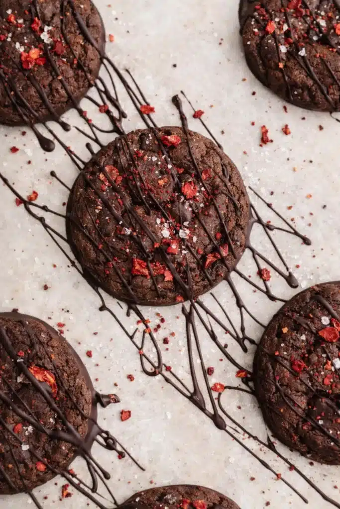 Chocolate covered strawberry cookies drizzled with dark chocolate and sea salt