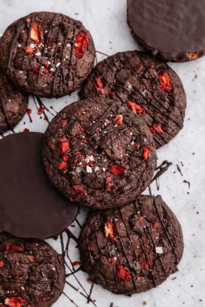 Chocolate covered strawberry cookies drizzled with dark chocolate and sprinkled with sea salt